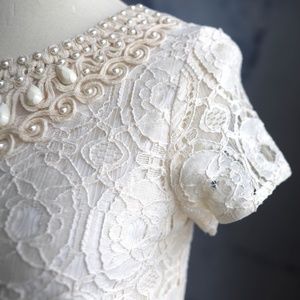 Crochet Lace Sheath Dress Vintage Look Beaded Neck